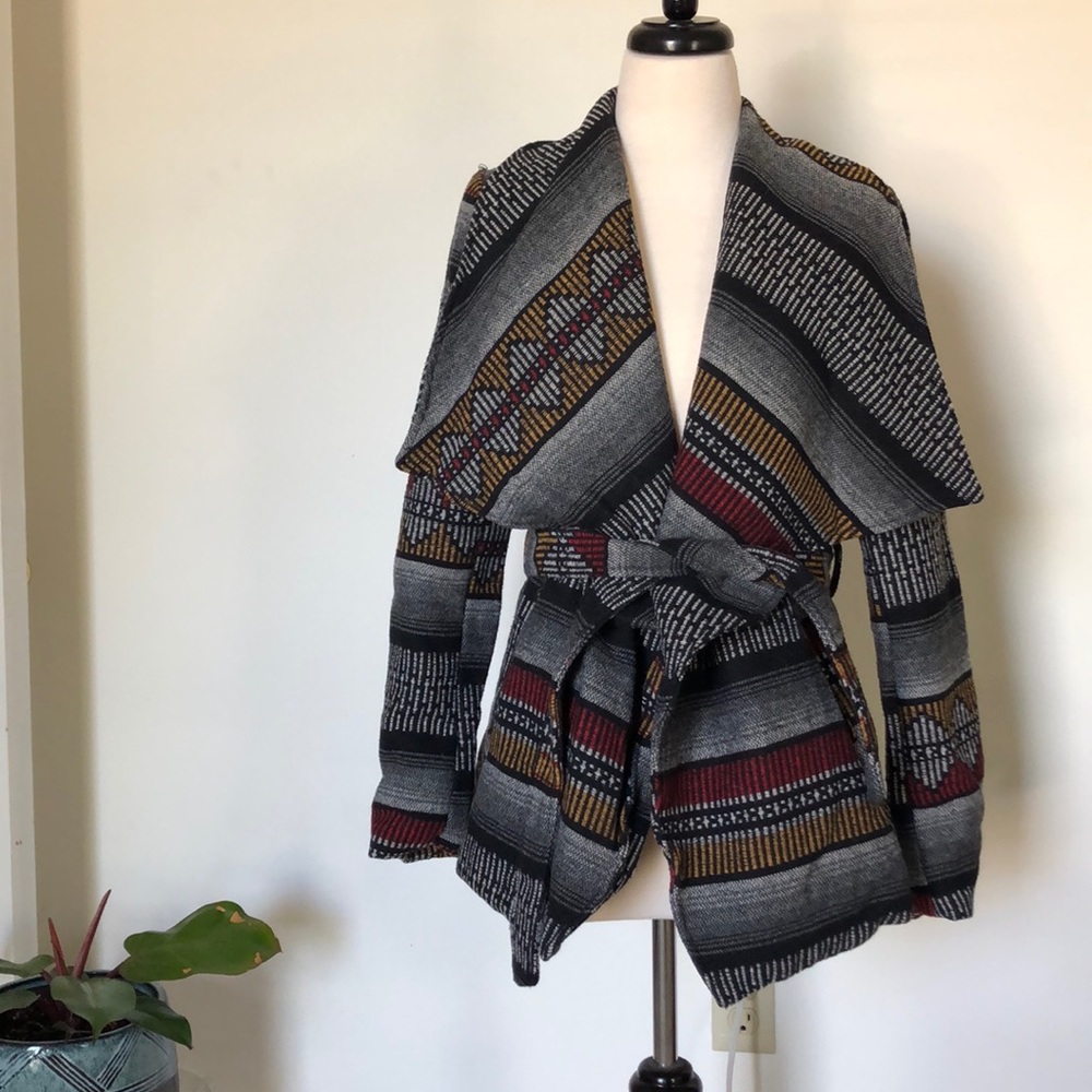 Black and white striped wrap coat